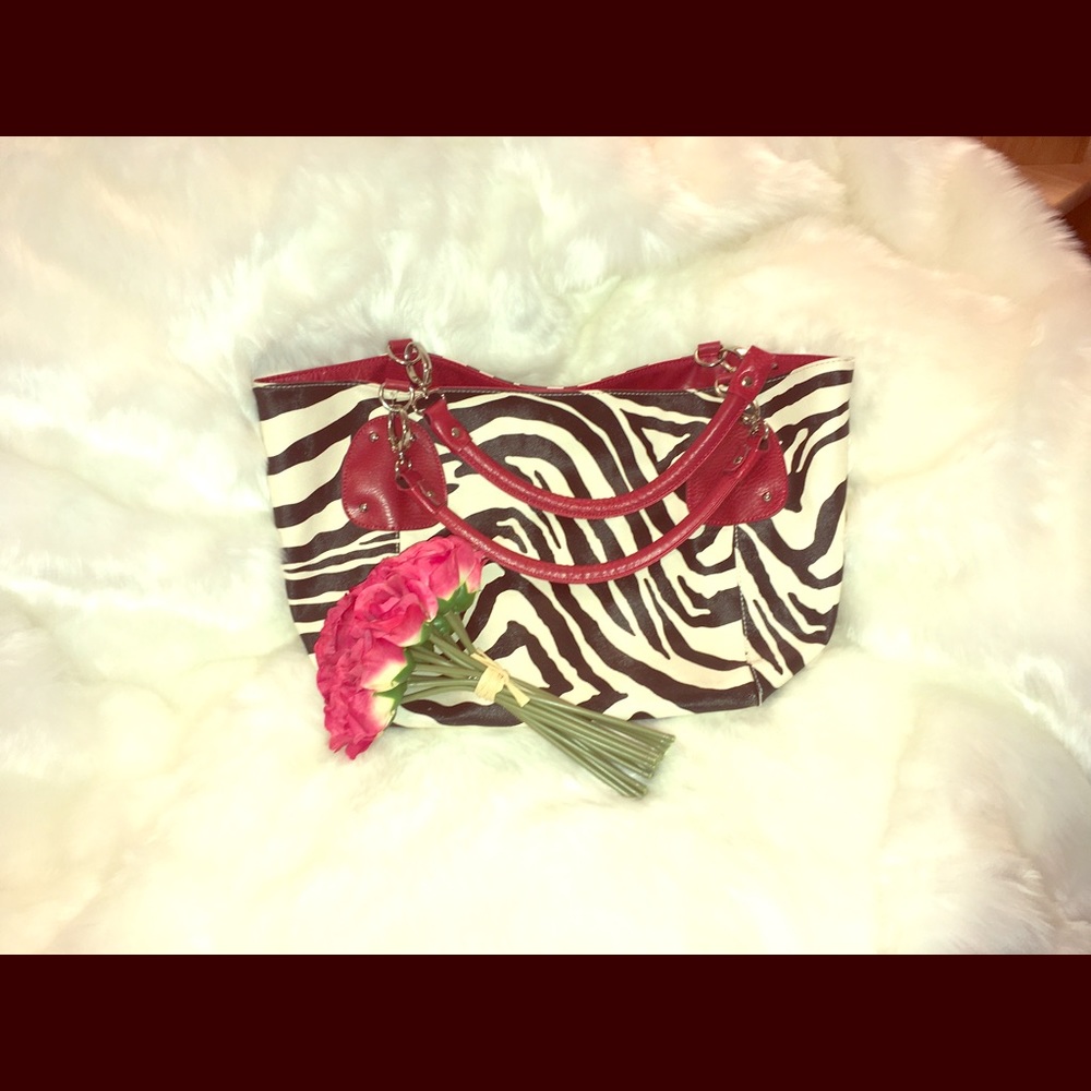 Zebra print bag with red trim